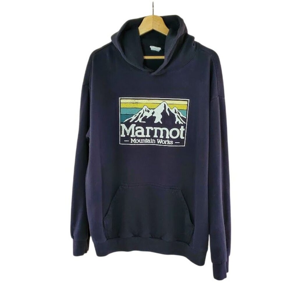 Marmot Mountain Works Hoodie Men’s XXL | Navy Retro Logo Sweatshirt | Recycled